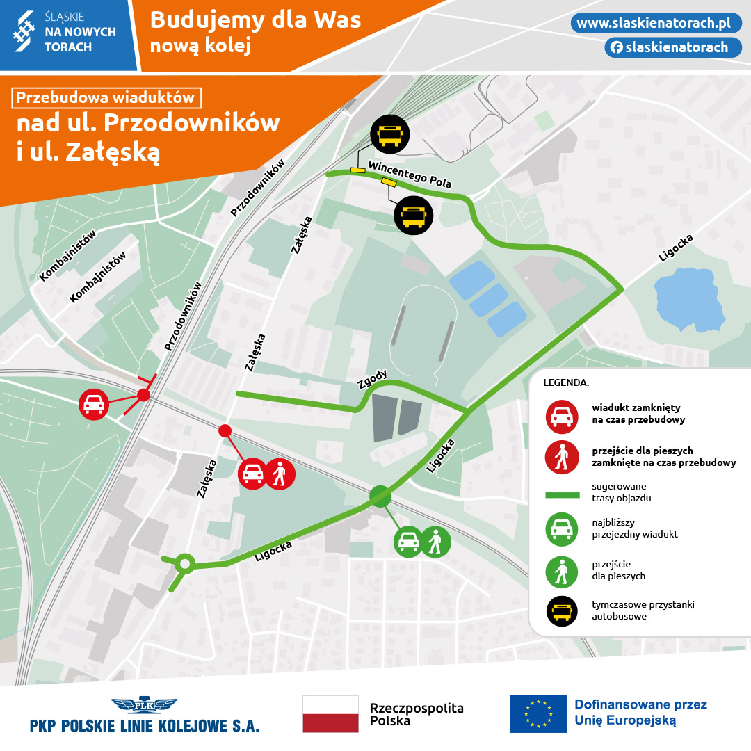 Mapa objazdu wiaduktu na ul. Załęskiej w Katowicach