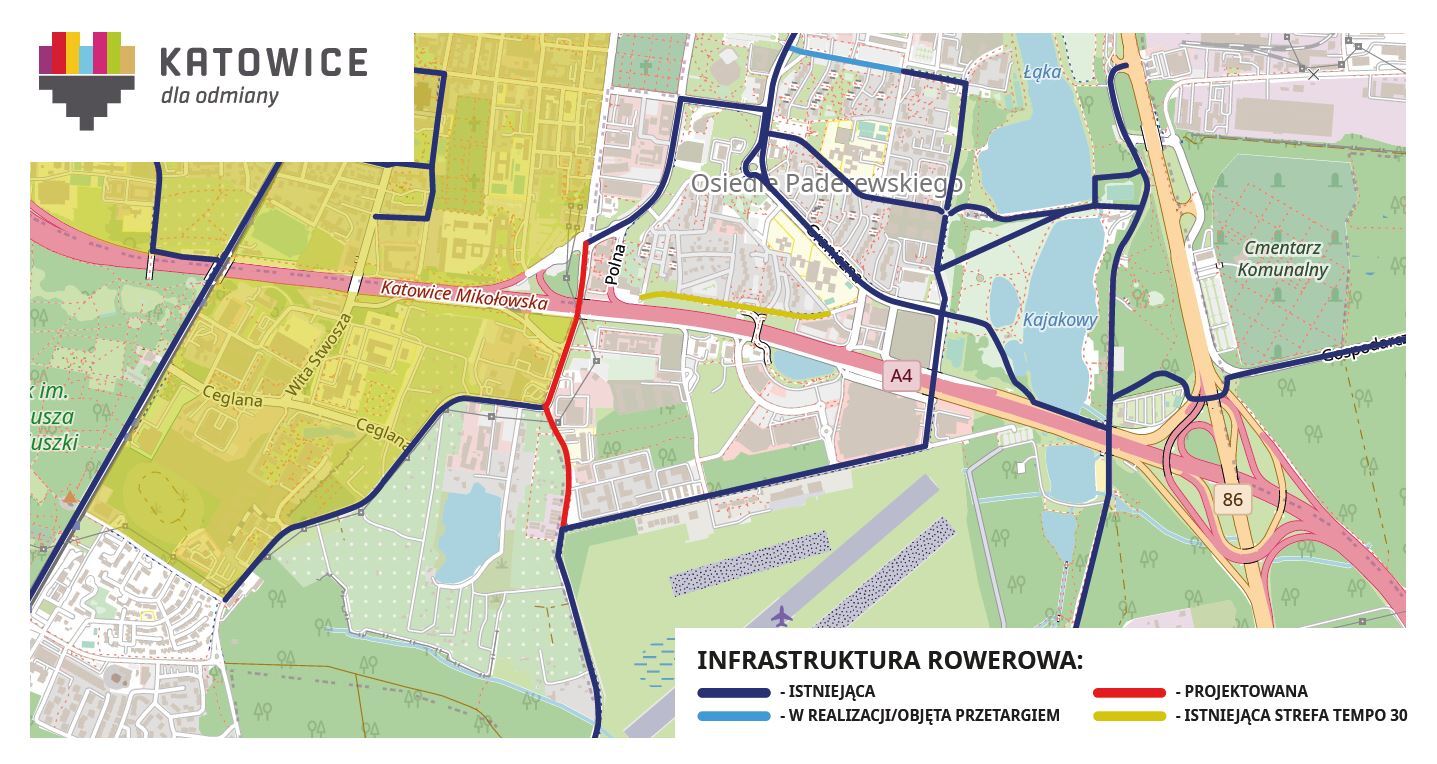 Poglądowa mapa z infrastrukturą rowerową os Paderewskiego i okolicy